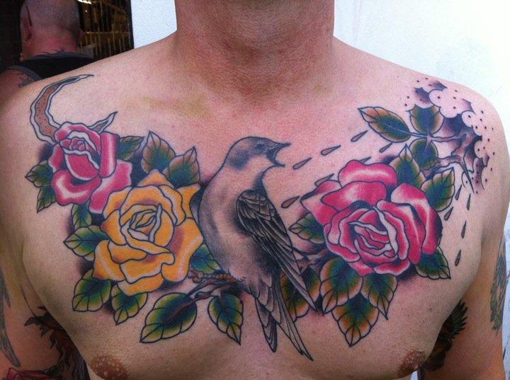 Bird and roses chest piece