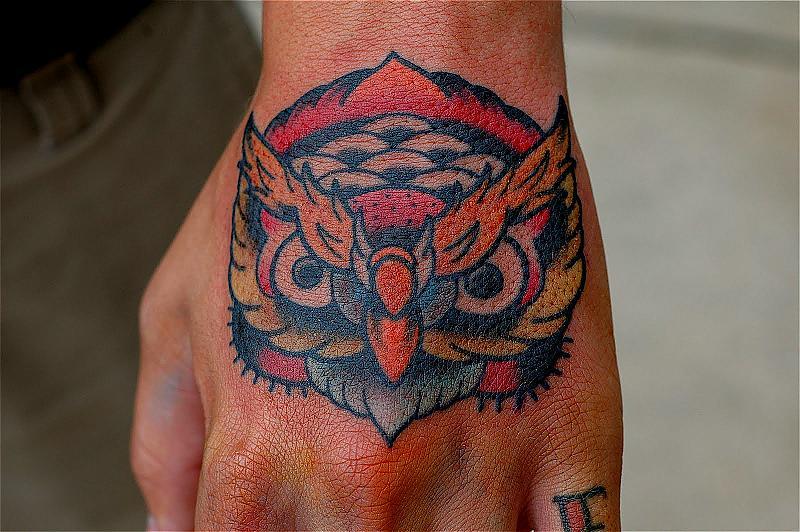 owl head hand tattoo traditiona nick branfield
