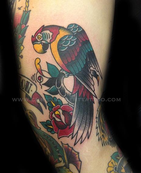 Parrot tattoo on thigh