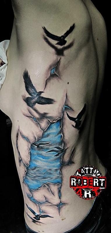 birds flying from clouds robert tattoo art