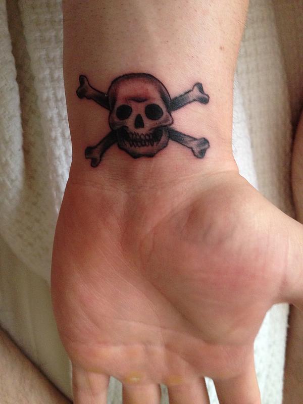Skull and crossbones wrist tattoo