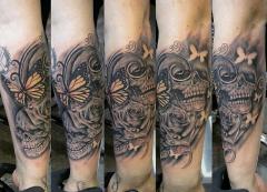 doube skulls rose robert tattoo art