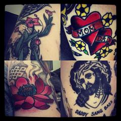Sailor Jerry Hearts, Mom and Dad, Jensen-isnpired  prison tatt Jesus, floral and lotus closeups