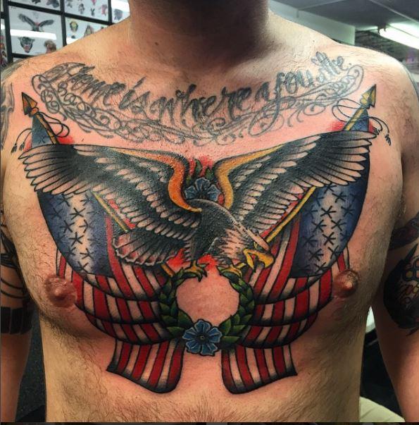 Script done in 2009, Eagle and Flags in 2015 by Mike Hooligan at Kadillac Deuce Tattoo