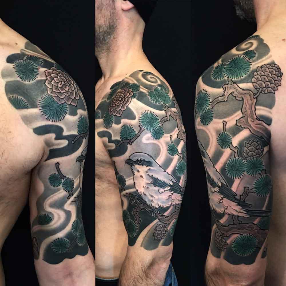 Bird and pine tree Japanese tattoo sleeve