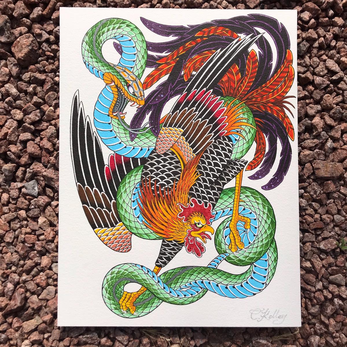 rooster snake fight by Cameron Kelley at Massive tattoo Las Vegas NV. IG- Cam.kelley