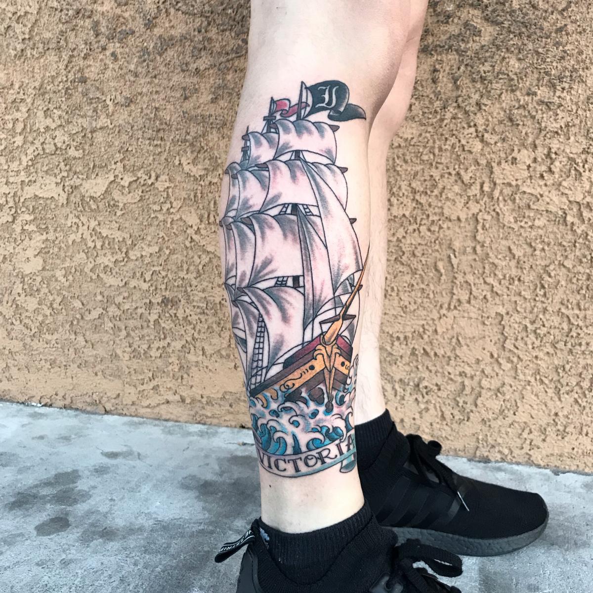 Ship tattoo by Cameron Kelley at Massive tattoo in Las Vegas NV