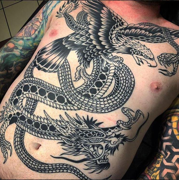 many small or few large tattoos.